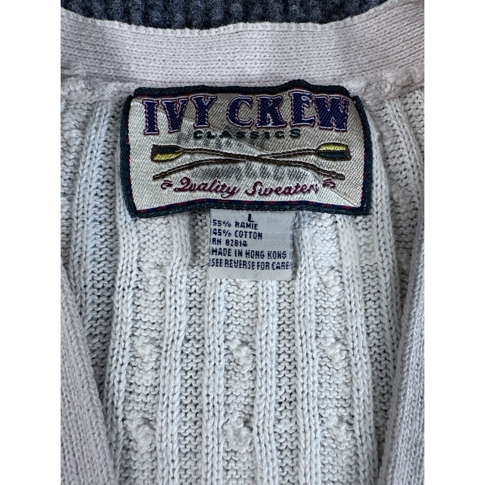 Vintage Ivy Crew White Cable-Knit Ramie Cotton Sweater Vest Button V-Neck Size L - Picture 2 of 5
